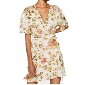 Zara Cream Romantic floral chiffon ruffle wrap dress Fairy Boho spring  feminine